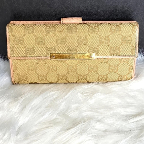 GUCCI Long Wallet CG Canvas Beige Pink Canvas X Leather Authentic‎ Used - Picture 1 of 12